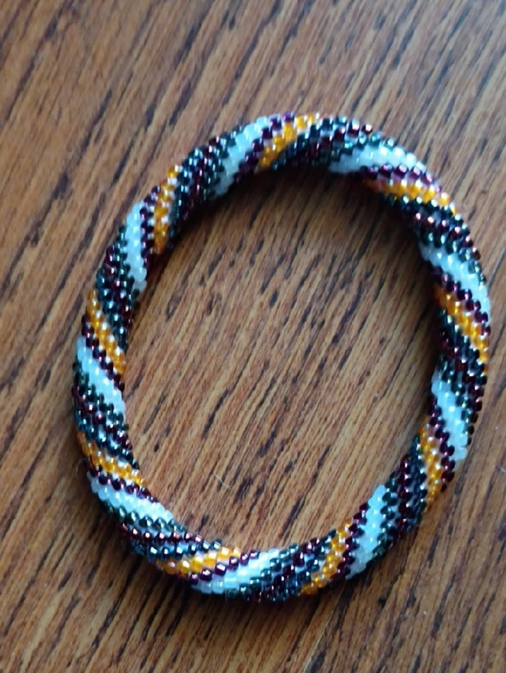 Handmade Beaded Spiral Bangle Bracelet - White, Gold & Maroon